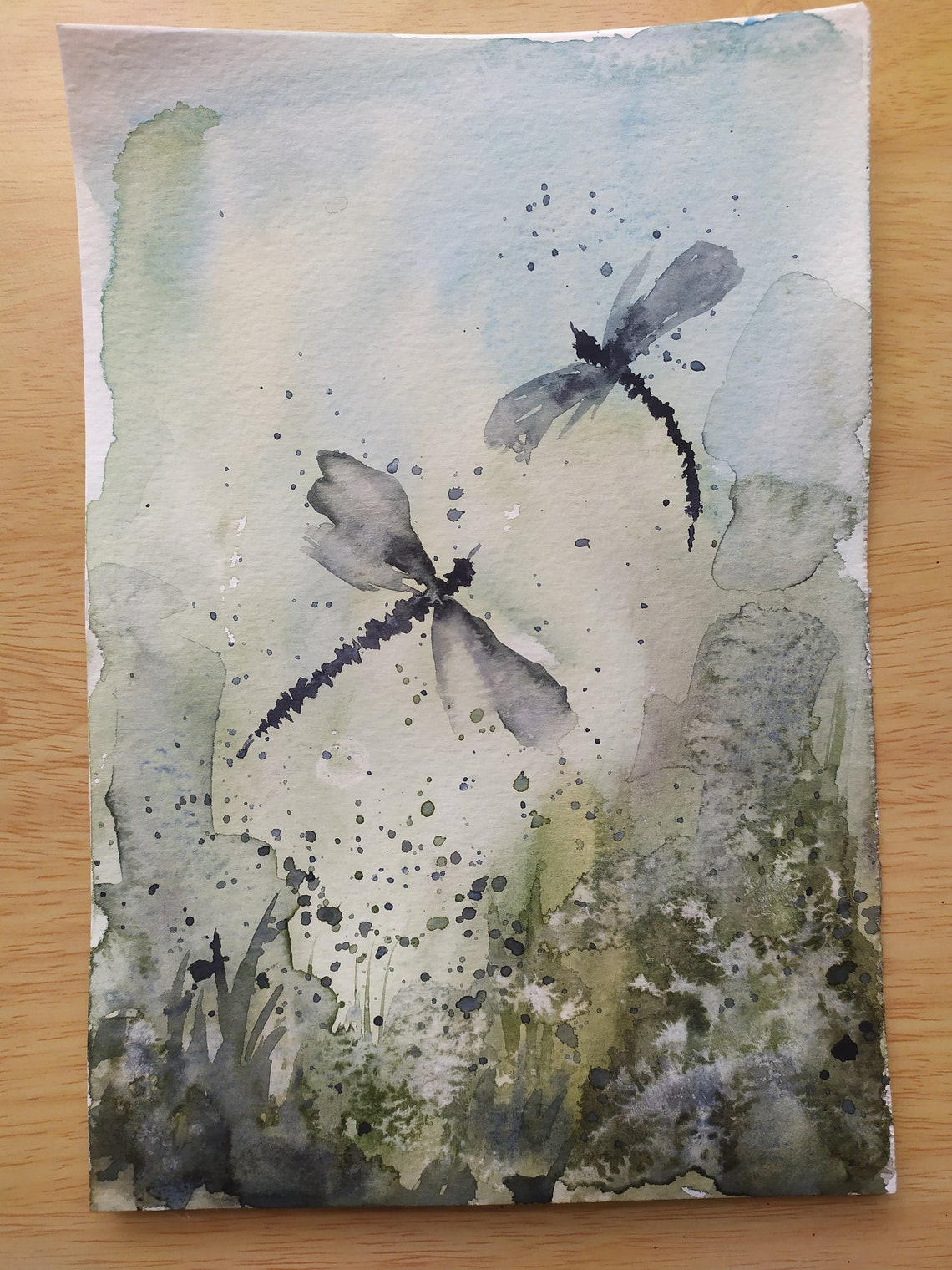 Two Dark Dragonflies In Abstract Watercolor Meadow Ink Art Print - Image 5
