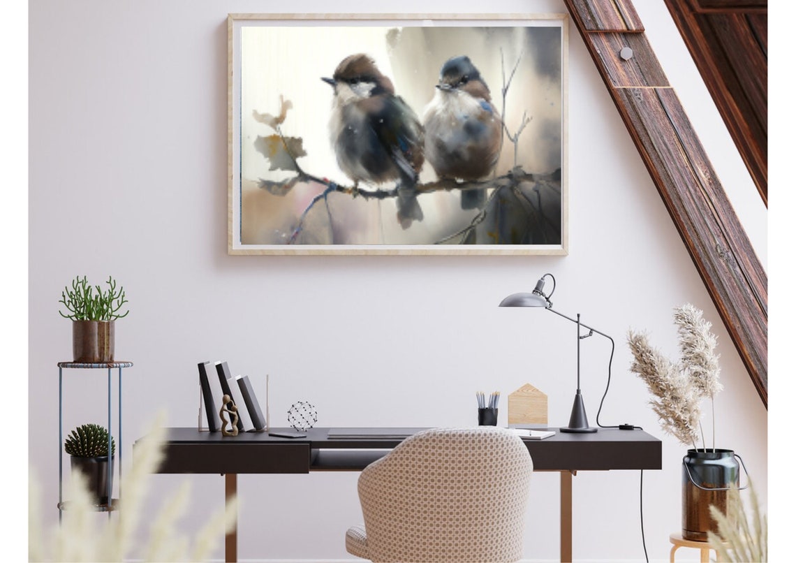 Two Sparrows on a Bare Winter Branch Watercolor Bird Art Poster - Image 3