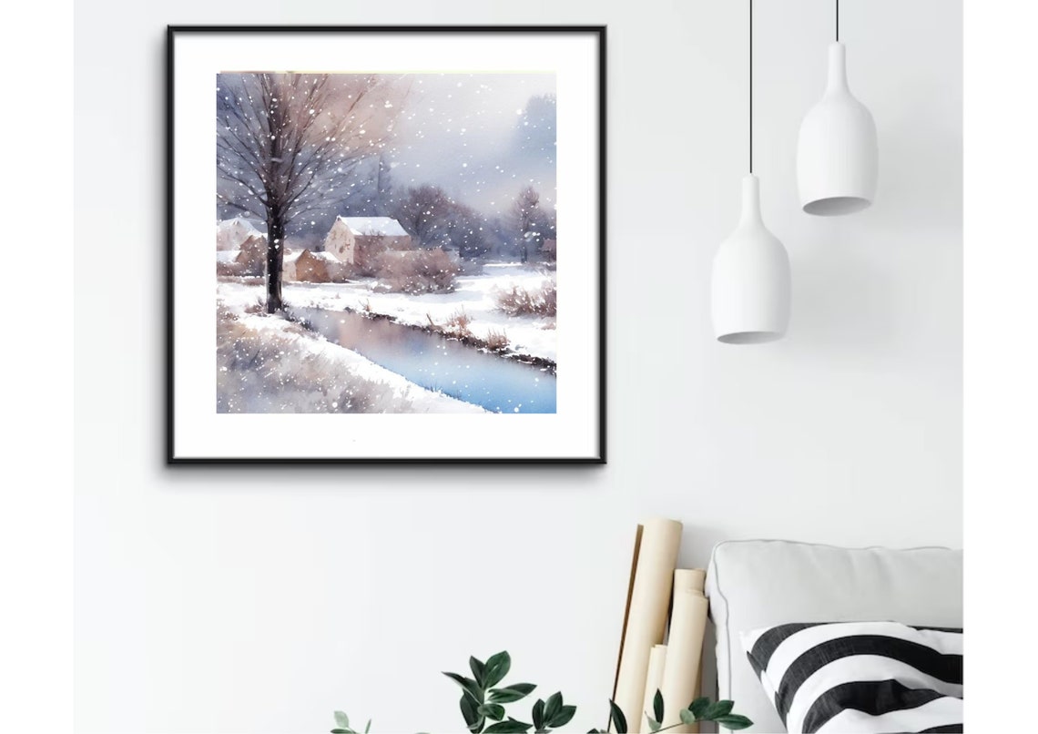 Vermont Painting Winter Country Landscape Watercolor Art Print Small Lake And House Panoramic Snowy Landscape Art Print Winter In Vermont - Image 3