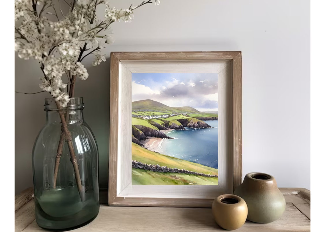 Dingle Peninsula Ireland Green Cliffs Village Watercolor Poster - Image 2