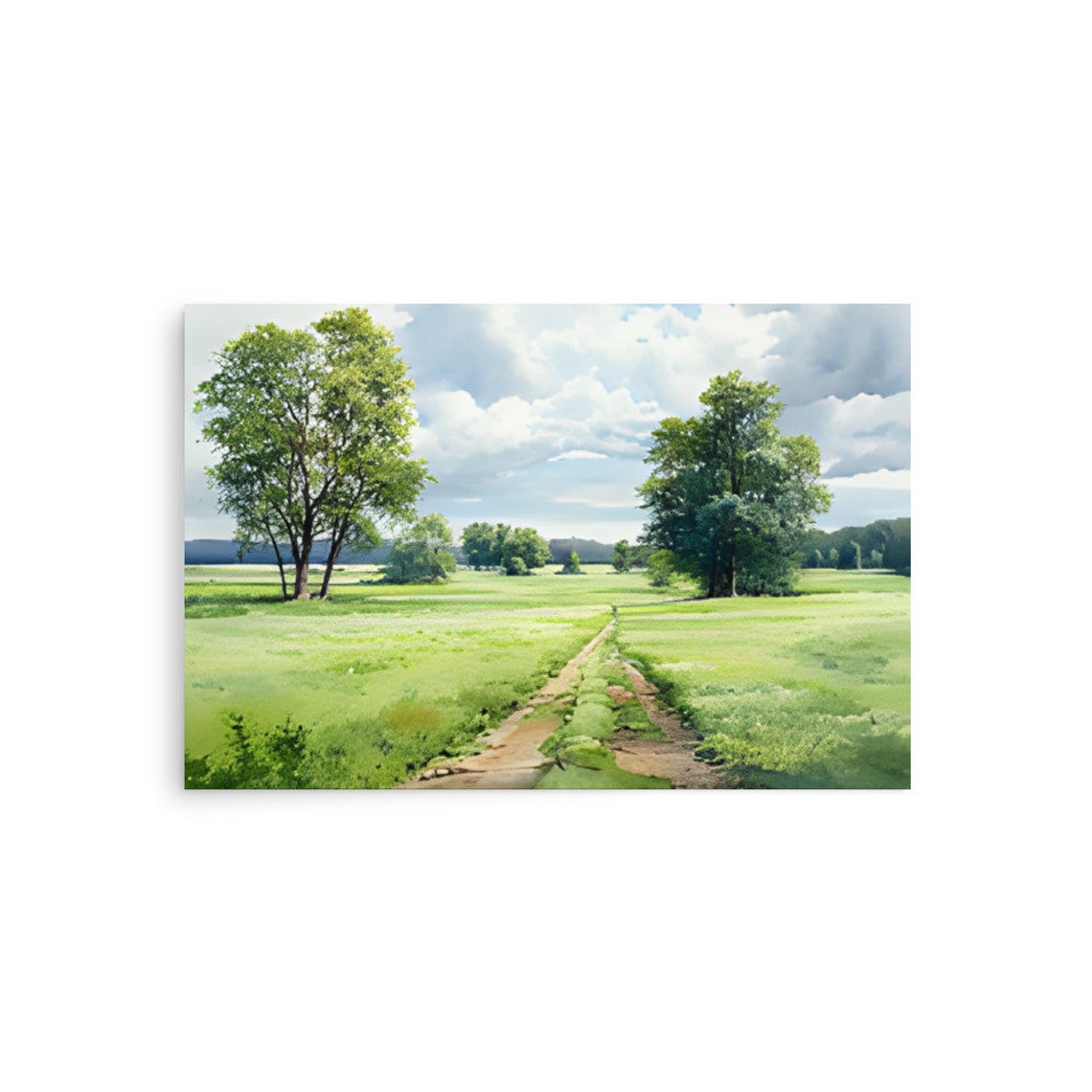 Sunny Green Meadow Path Between Two Grand Trees Watercolor Wall Art - Image 3