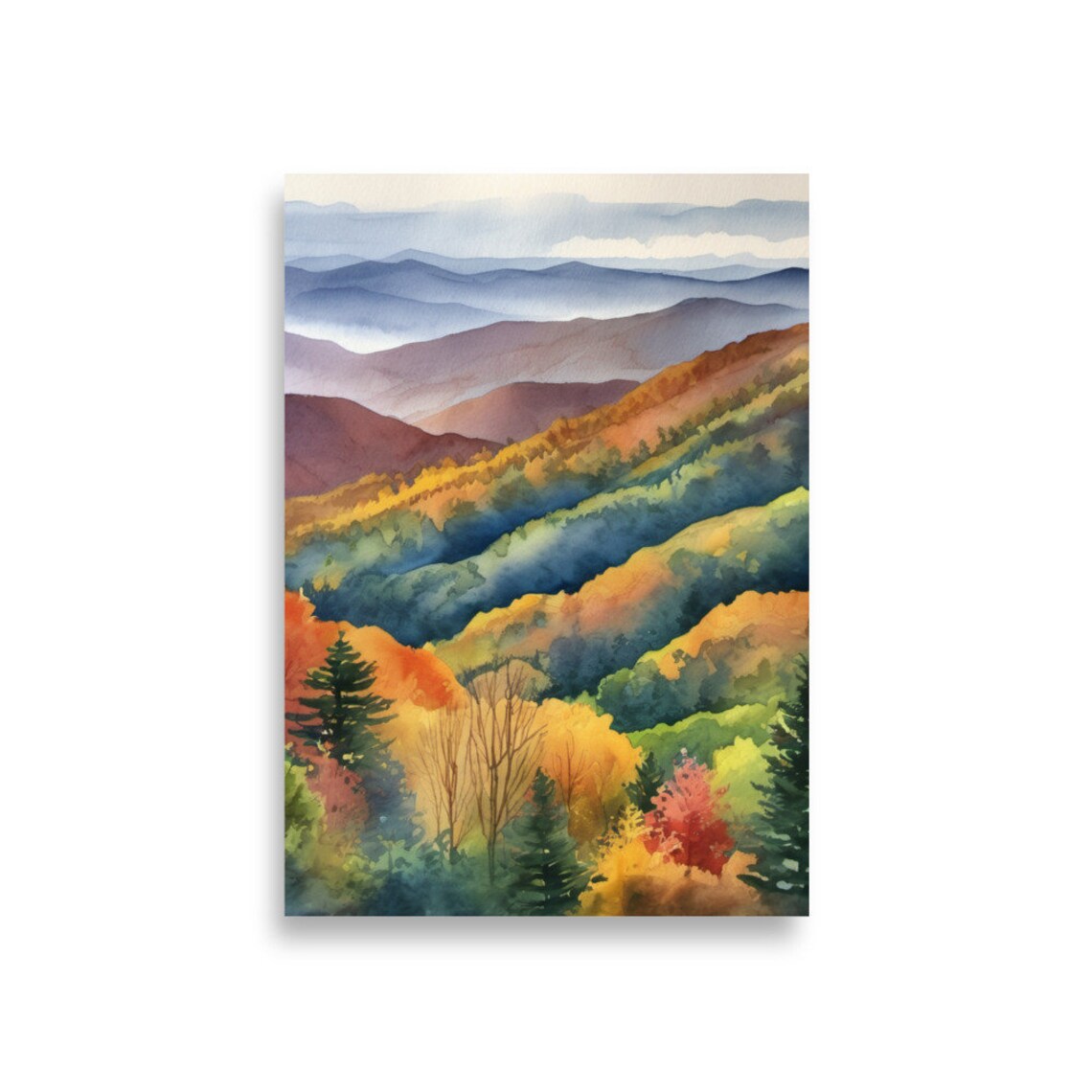 Smoky Mountains Autumn Landscape, Watercolor Art Print - Image 2