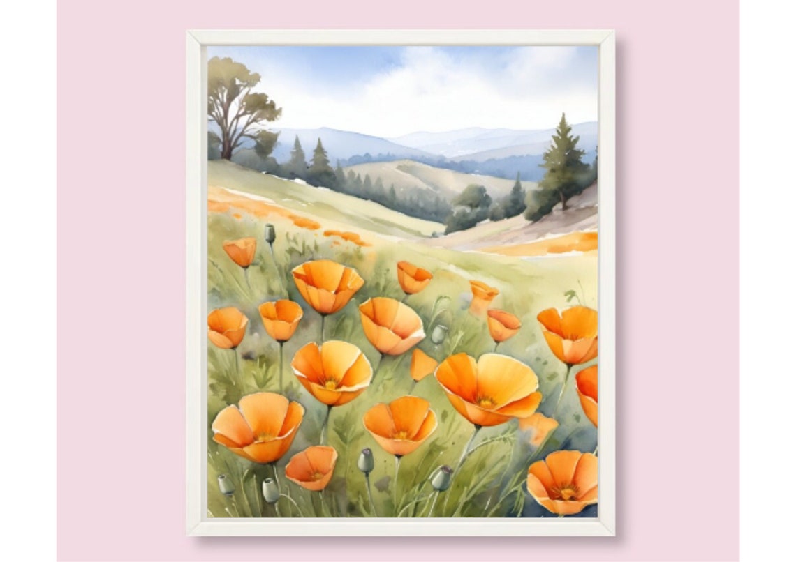 California Poppies Meadow Painting Orange Poppies Watercolor Art Print Wildflowers Meadow Artwork California Country Landscape Wall Art - Image 6