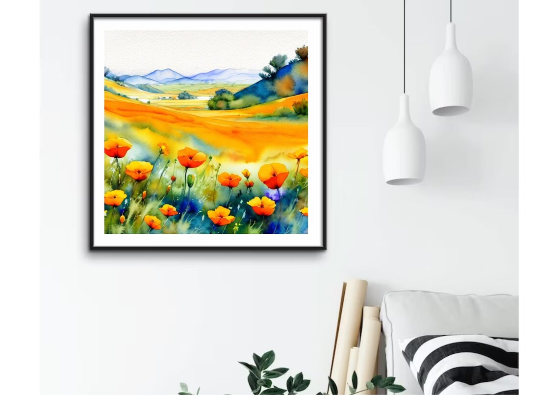 Californian Field Of Poppies Watercolor Art Print - Image 4