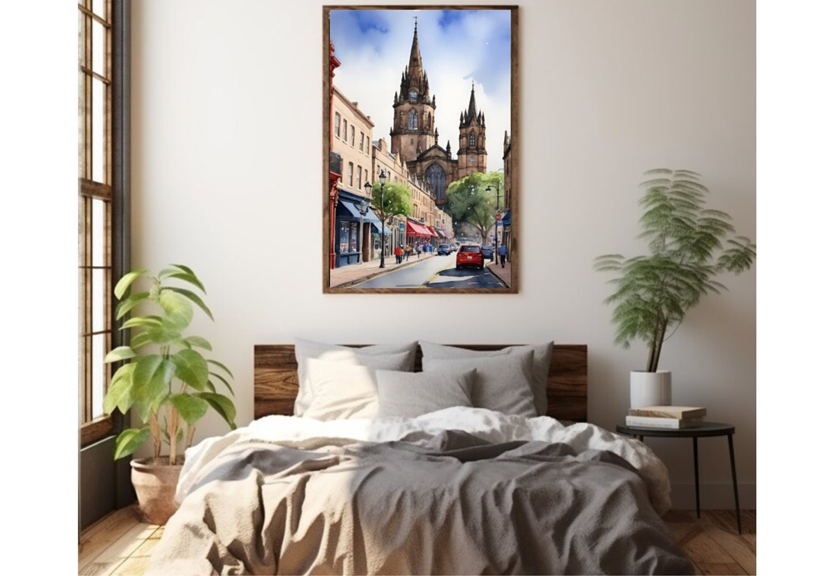 Edinburgh Painting Scotland Cityscape Watercolor Art Print Scottish Town Wall Art Edinburgh Street And St Marys Cathedral Watercolor Print - Image 4