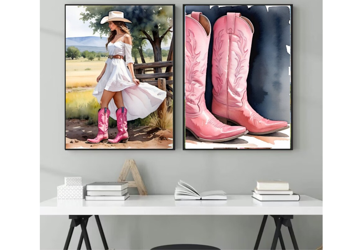 Cowgirl White Dress Pink Cowboy Boots Western Watercolor Poster - Image 2