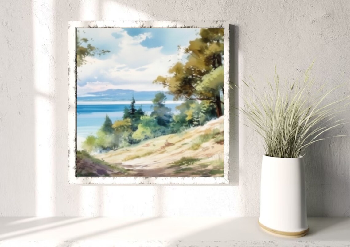 Lake Superior Watercolor Painting Minnesota Michigan And Wisconsin Lake Landscape Art Print Panoramic Landscape Wall Art Lake Forest Art - Image 3