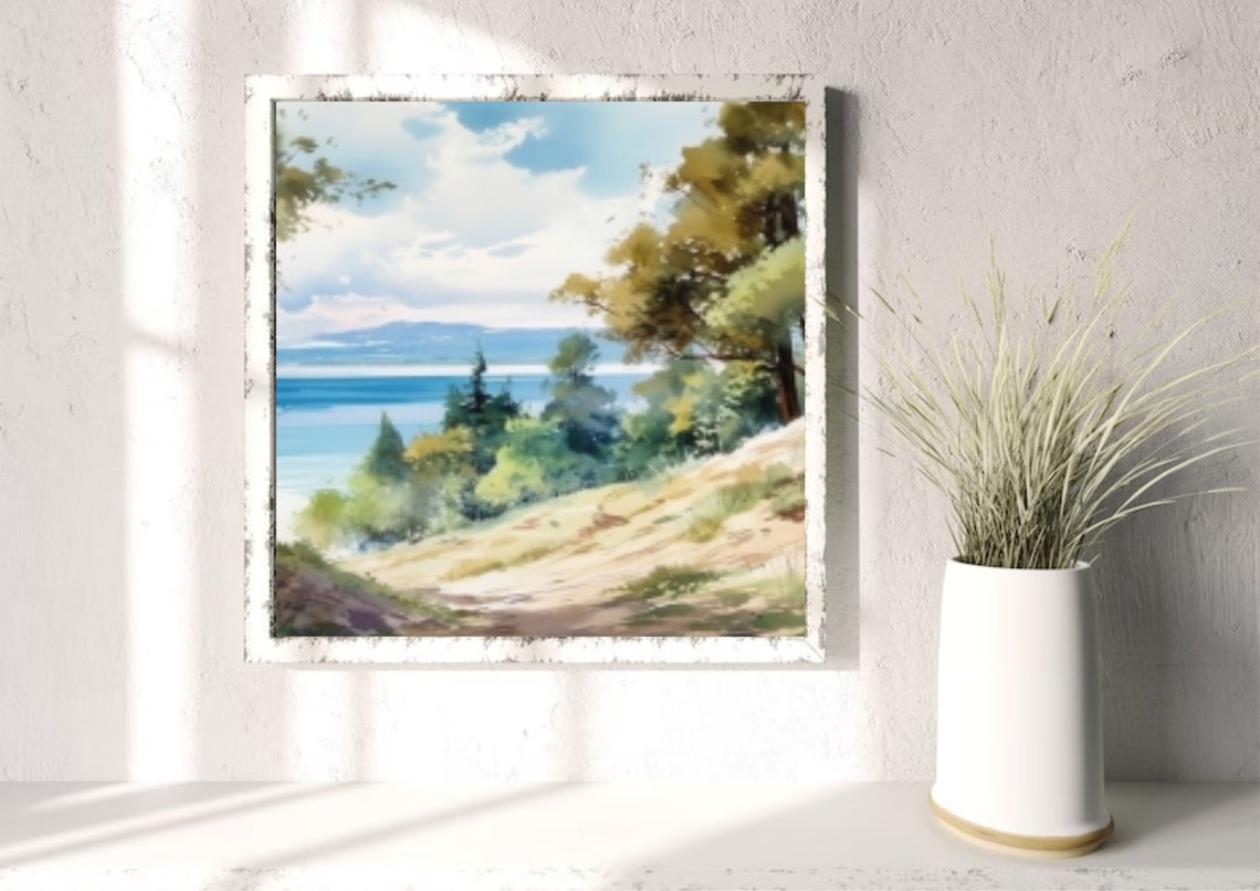 Lakeside Dune Path Watercolor Overlooking Calm Blue Water Poster - Image 3