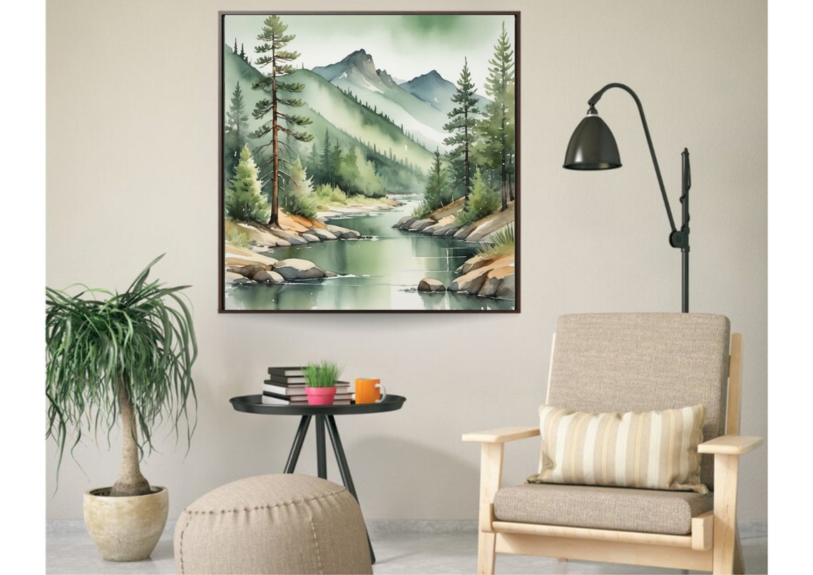 Mountain River Rocky Pine Banks Peaks Watercolor Nature Poster - Image 4