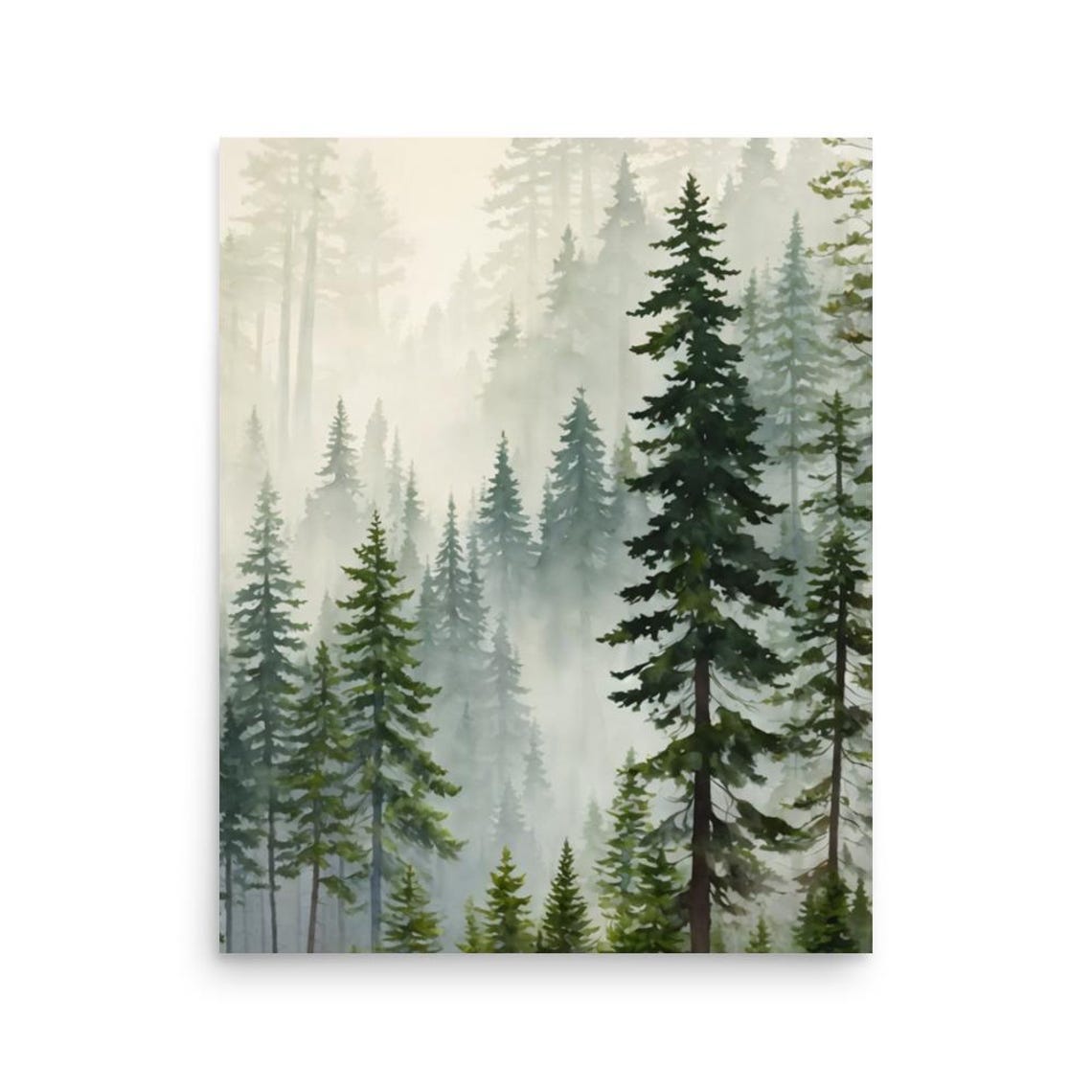 Foggy Pine Forest In Soft Green Mist Watercolor Nature Poster - Image 4