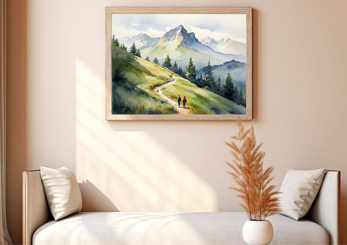 Two Hikers on Alpine Trail Watercolor Mountain Adventure Poster - Image 3