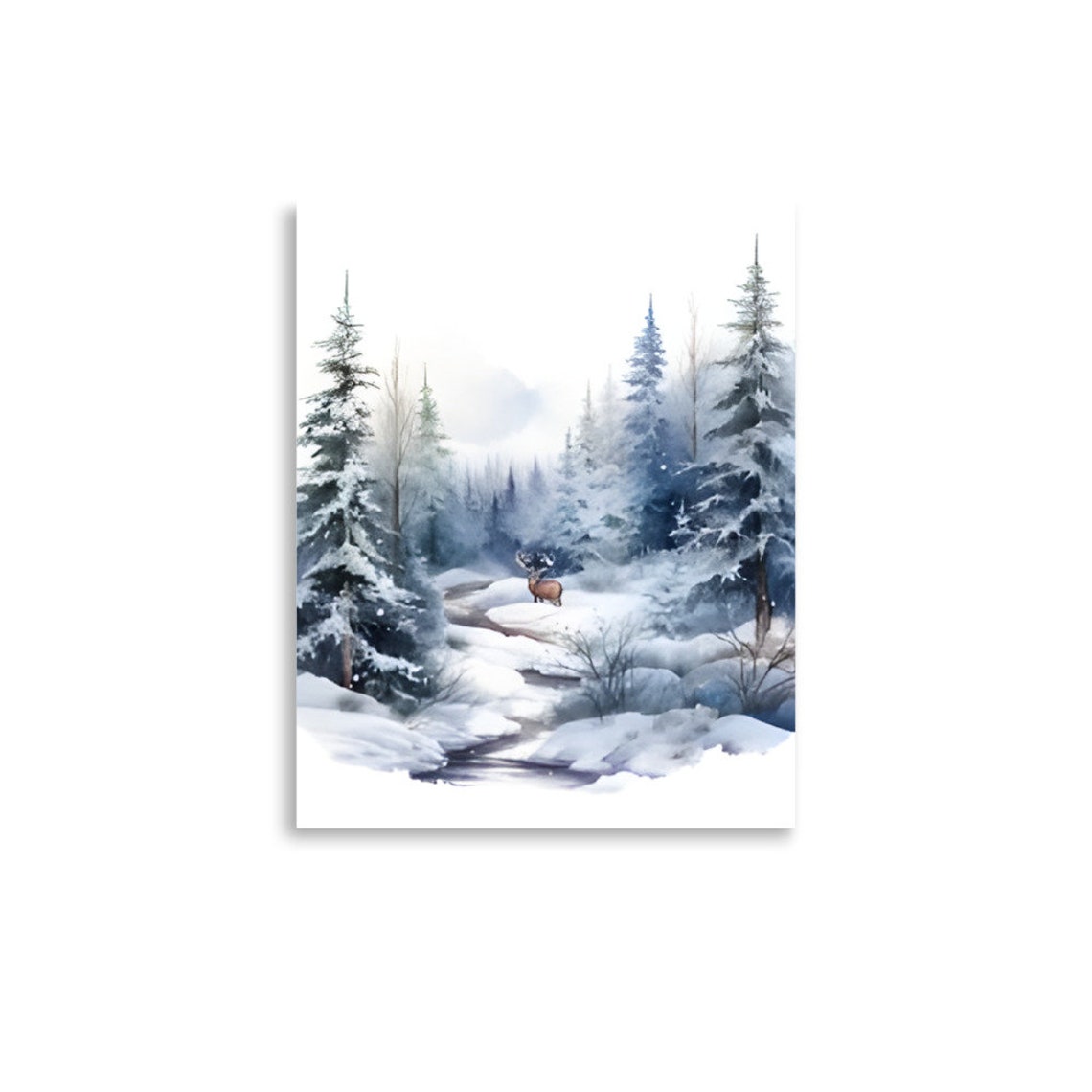 Deer Standing In Snowy Pine Forest By Icy Stream Watercolor Art Poster - Image 2