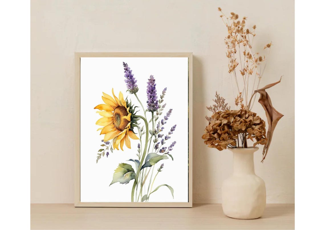 Sunflower With Lavender Sprigs Botanical Watercolor Floral Poster - Image 6