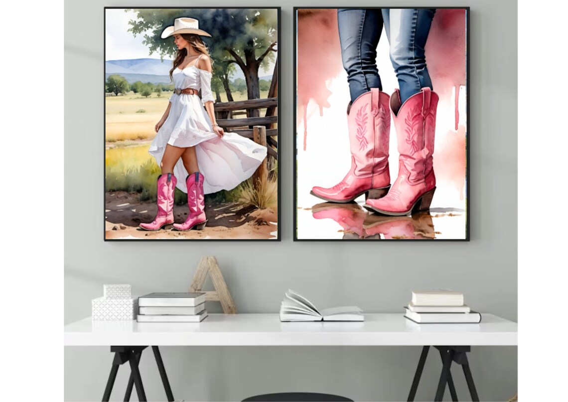 Cowgirl White Dress Pink Cowboy Boots Western Watercolor Poster - Image 3