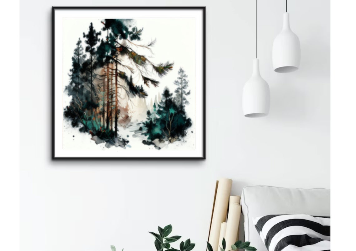 Tall Dark Pine Trees Abstract Ink Watercolor Nature Art Print - Image 2