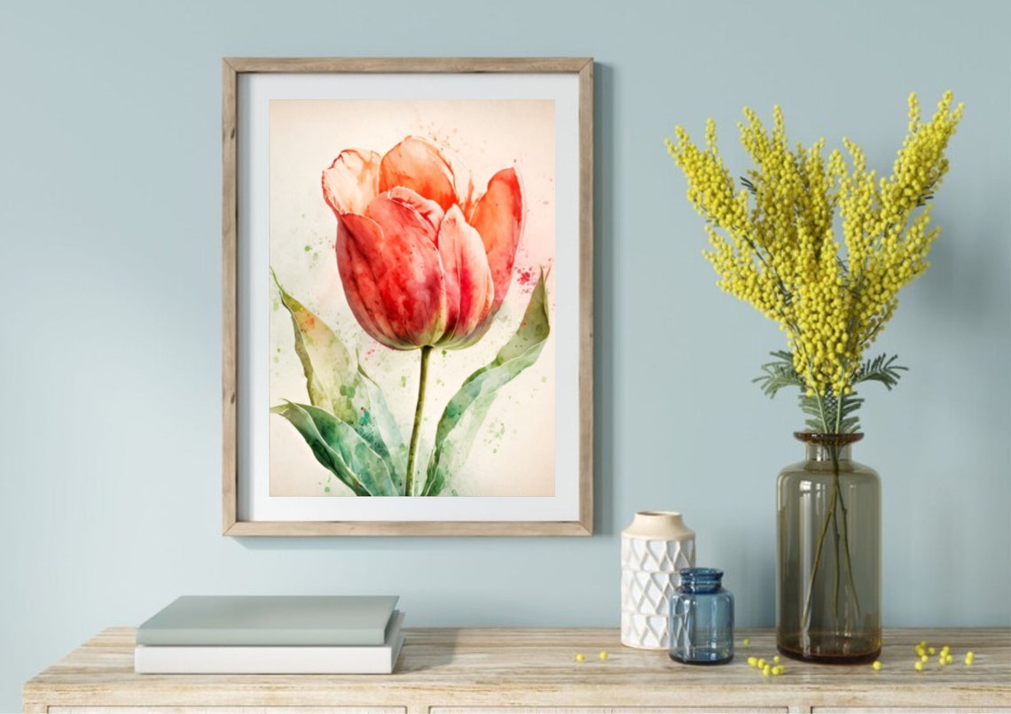 Single Red Tulip Slender Stem Minimalist Watercolor Botanical Poster - Image 5