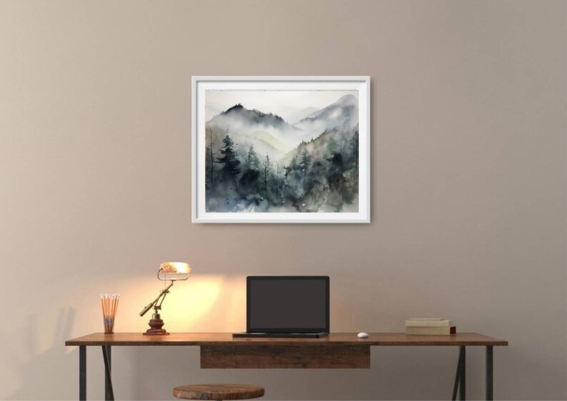 Foggy Pine Forest Watercolor in Muted Gray and Blue Tones Poster - Image 2