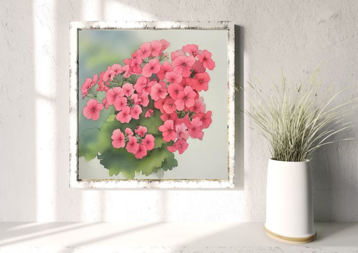 Coral Pink Geranium Blossoms Close Up Watercolor Botanical Wall Art - Image 4