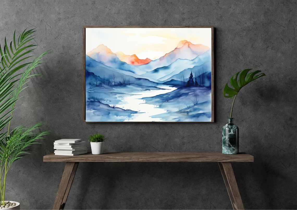Blue Mountain River Sunset Glow Rosy Peaks Watercolor Landscape Poster - Image 5