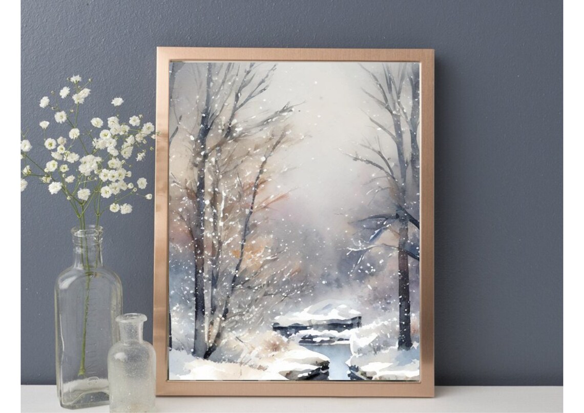 Winter Foggy Forest and River Watercolor Art Print - Image 5