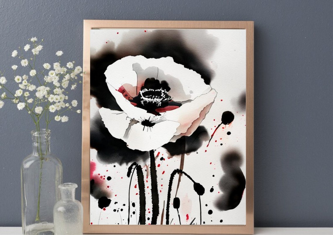 White Poppy Flower With Black Ink Watercolor Fine Art Poster - Image 4