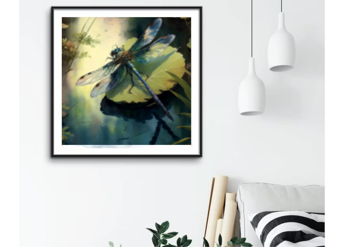 Blue Dragonfly Resting on a Water Lily Leaf Watercolor Poster - Image 2