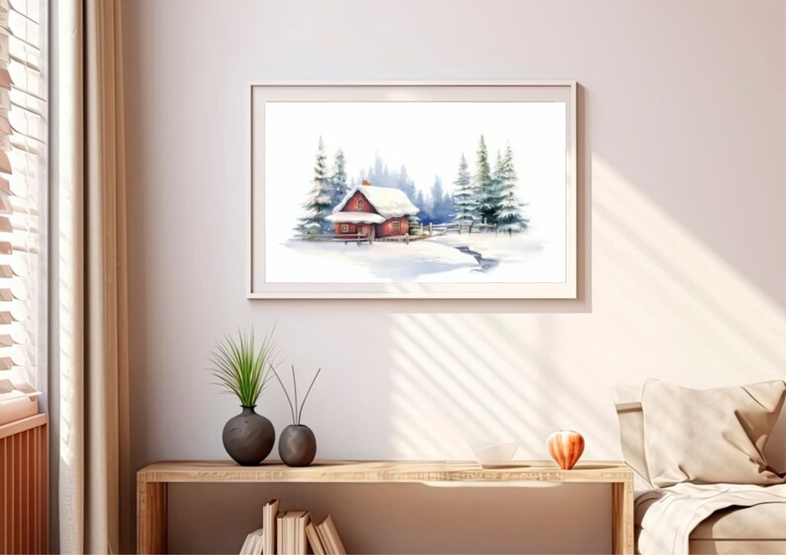 Cozy Red Wooden Cabin in a Snowy Pine Forest Winter Landscape Poster - Image 5