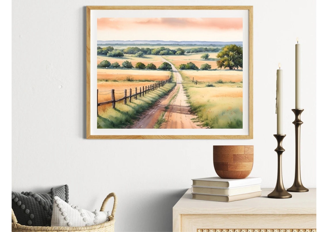 Texas Painting Country Road Through Farm Meadow Watercolor Art Print Texas Farm Ranch Wall Art Country Landscape Art Grass Hills Landscape - Image 5