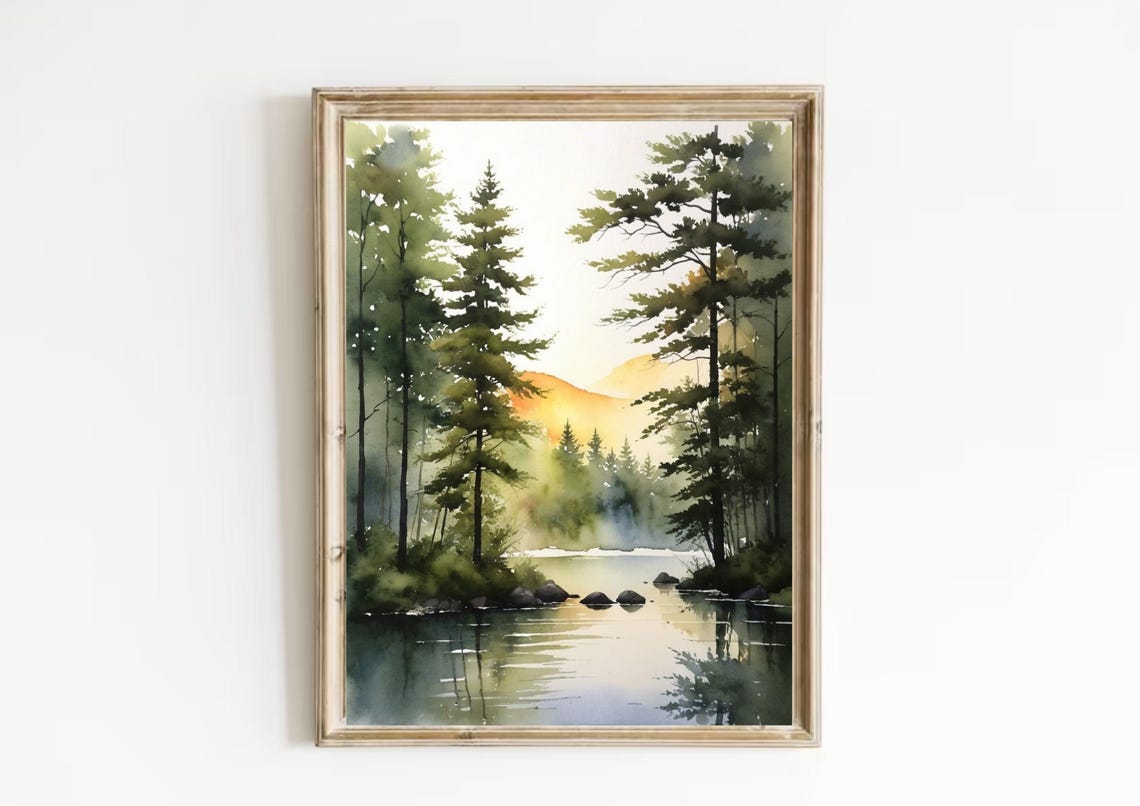 Glowing Sunrise Pine Forest Lake Watercolor Reflection Poster - Image 3