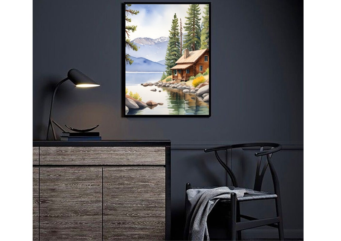 Redfish Lake Idaho Log Cabin Mountain Shore Watercolor Poster - Image 3