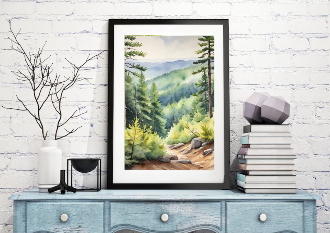 Appalachian Mountains Watercolor Art Print, Misty Pine Forest - Image 3