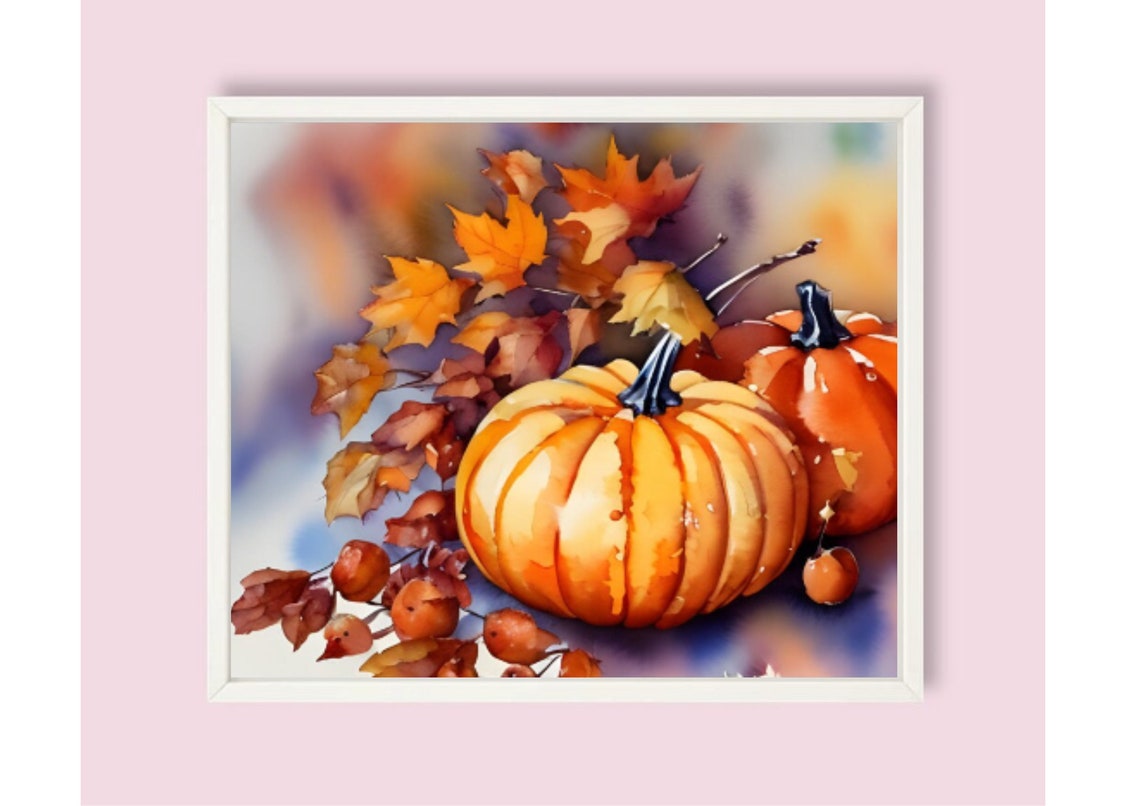 Golden Pumpkins With Maple Leaves And Berries Watercolor Fall Print - Image 6