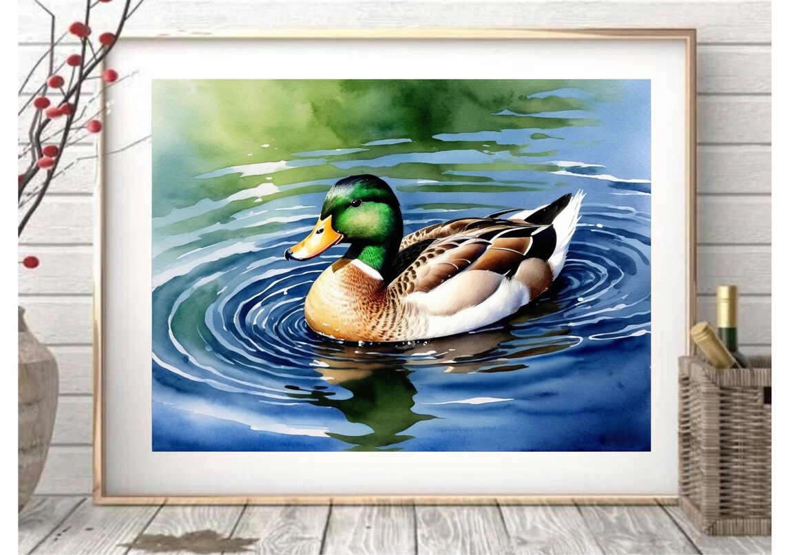 Vibrant Mallard Drake Swimming Pond Watercolor Wildlife Poster - Image 6
