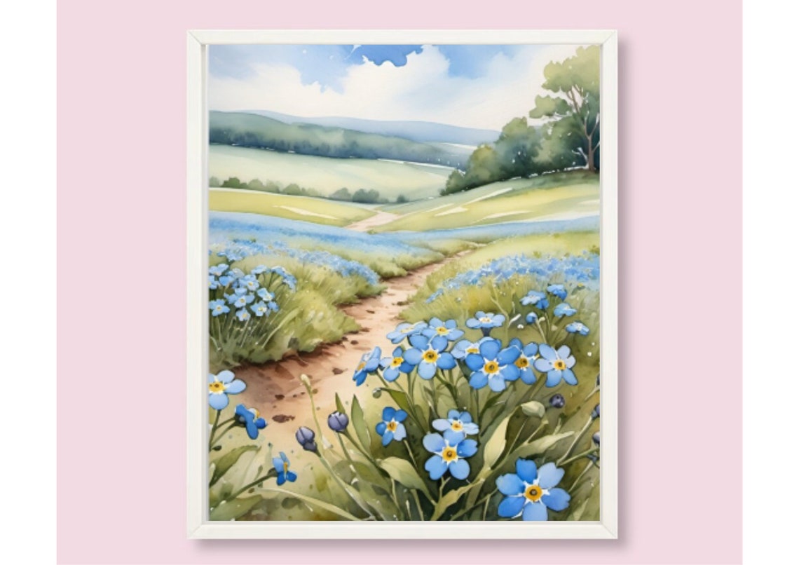 Forget Me Not Flower Field With A Winding Dirt Path Watercolor Poster - Image 6