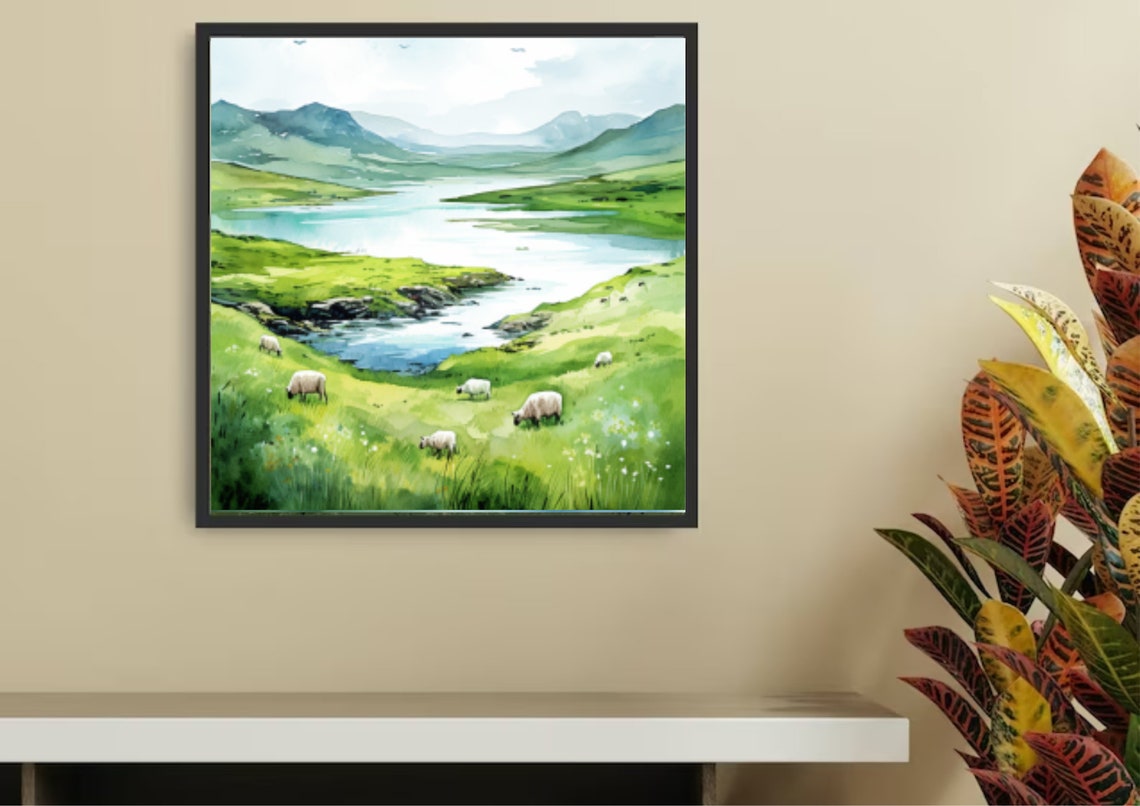 Green Hillside Meadow With Grazing Sheep By Lake Watercolor Wall Art - Image 2