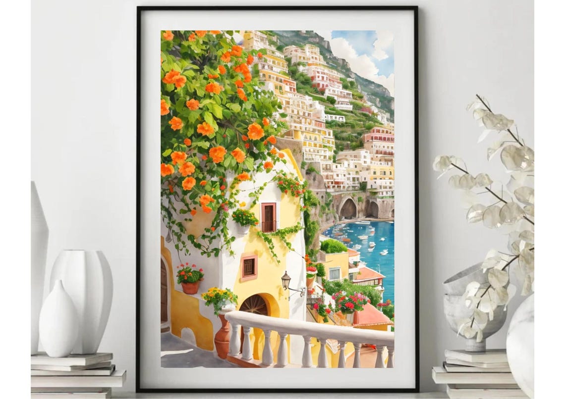 Positano Cityscape Painting Amalfi Coast Watercolor Art Print Flowers Bush Wall Art Italian Cityscape Print Italy Art Positano Travel Art - Image 4
