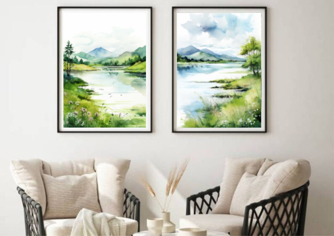 Spring Mountain Lake Wildflower Meadow Fresh Green Watercolor Poster - Image 3