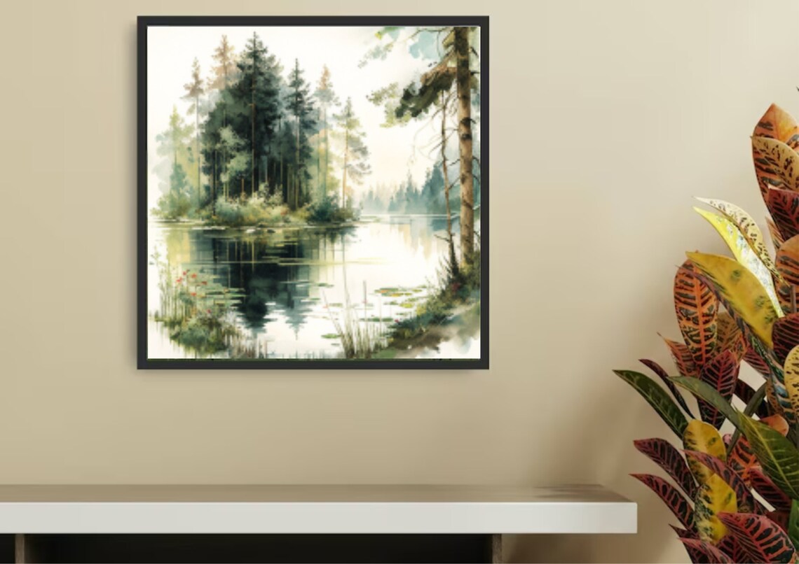 Pine Trees Watercolor Art Print, Forest Lake Landscape - Image 3