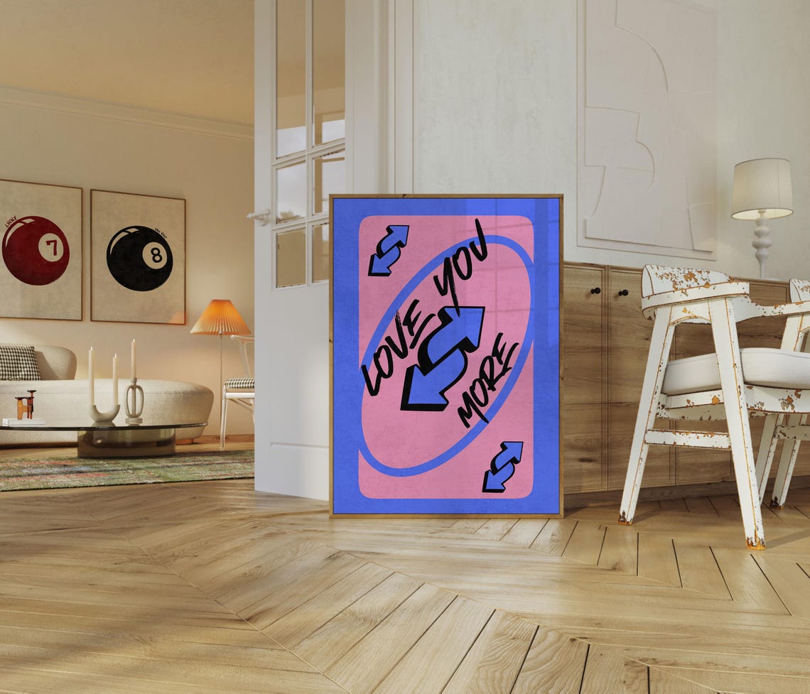 Love You More Blue and Pink UNO Style Reverse Card Art Poster - Image 3