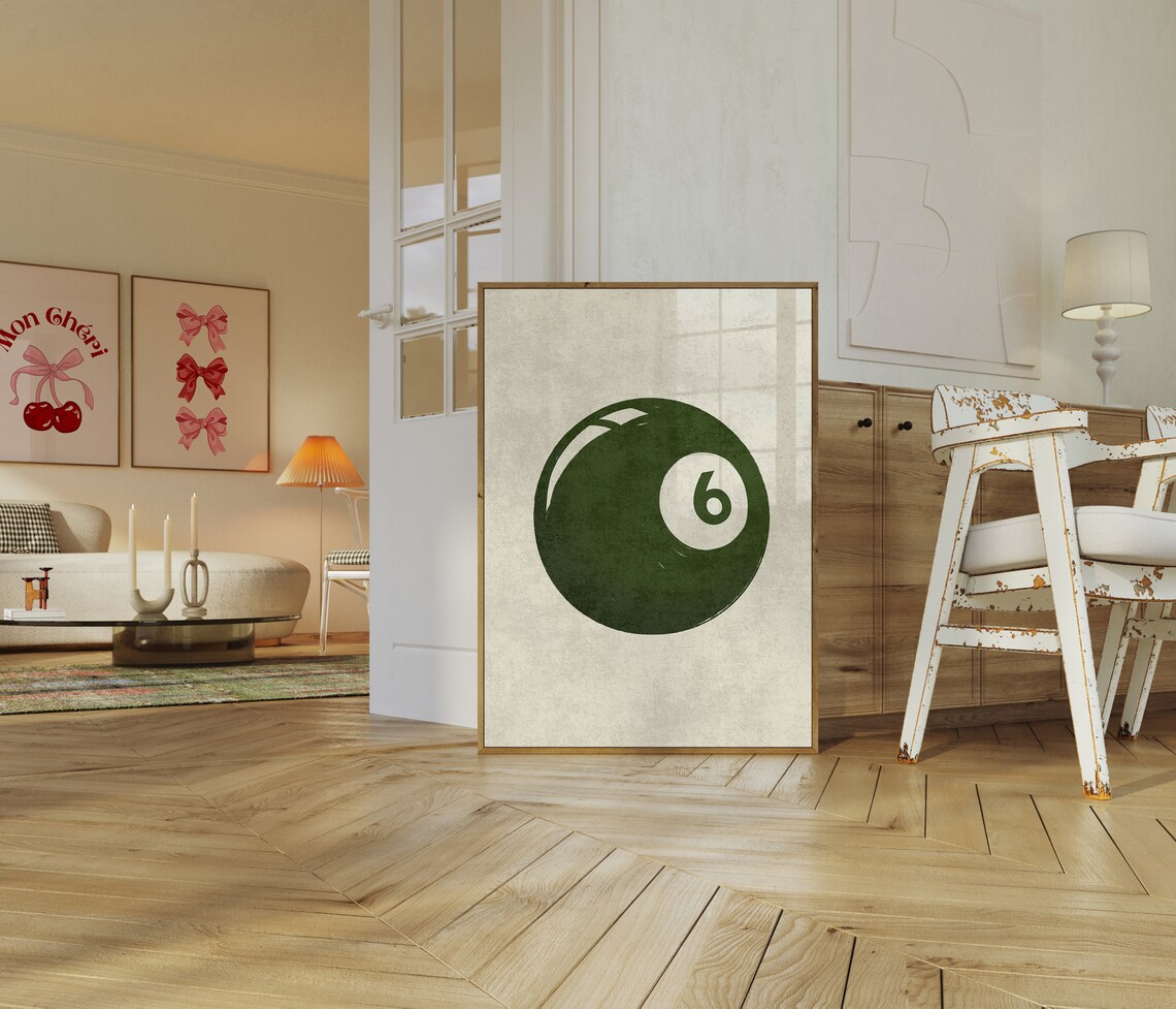 Vintage Green Number 6 Billiard Ball Minimalist Sports Wall Art - Image 2