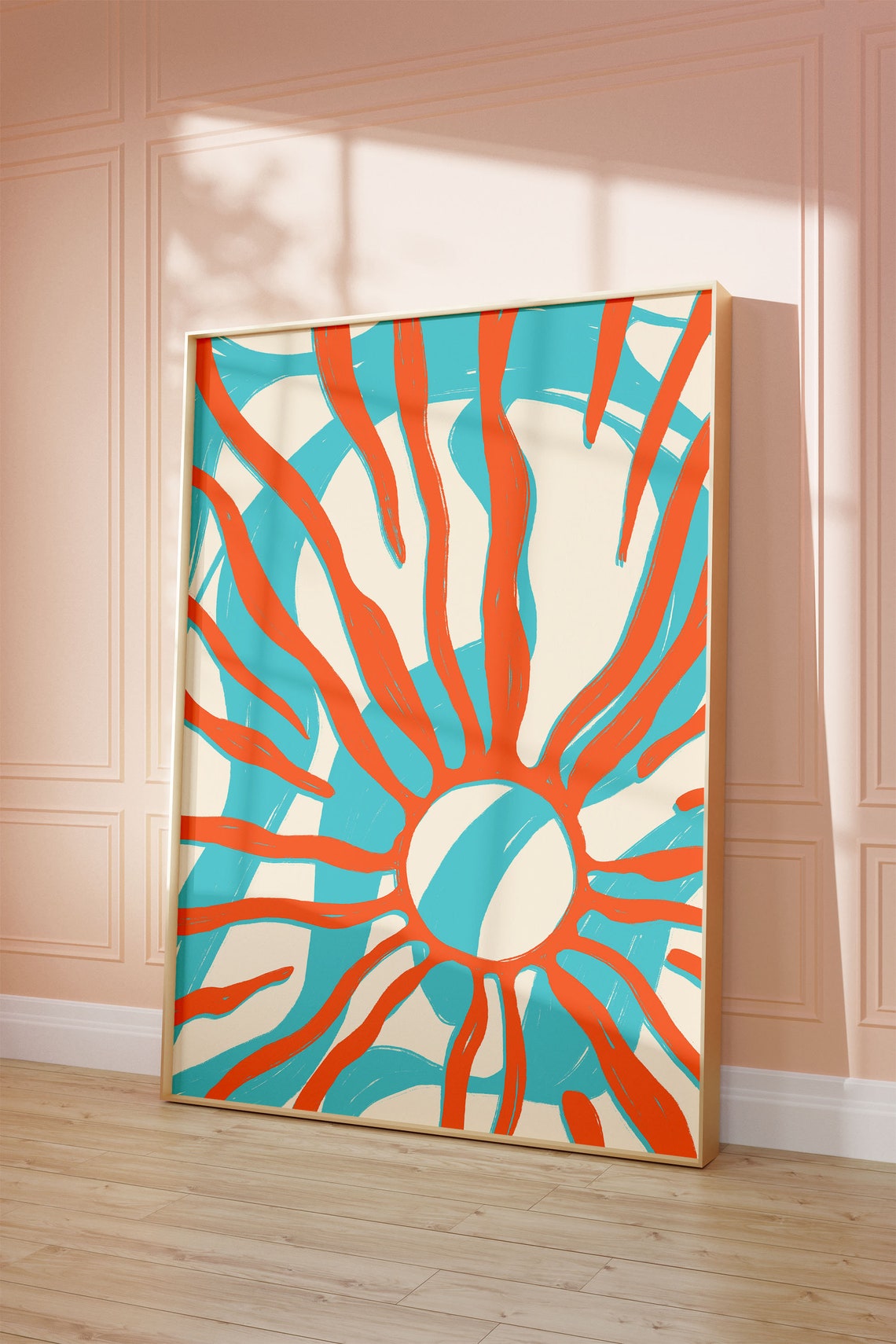 Coral Sun Over Teal Waves Bold Abstract Modern Nursery Poster - Image 3