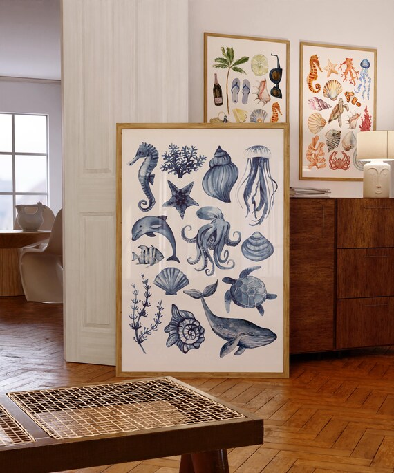 Blue Watercolor Sea Creatures Whale Turtle Marine Chart Poster