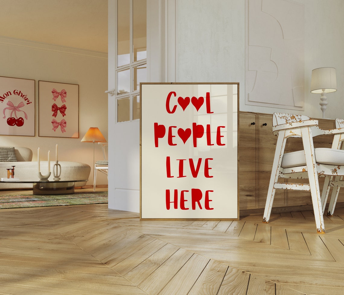 Bold Red Cool People Live Here Hand Lettered Heart Quote Poster - Image 3