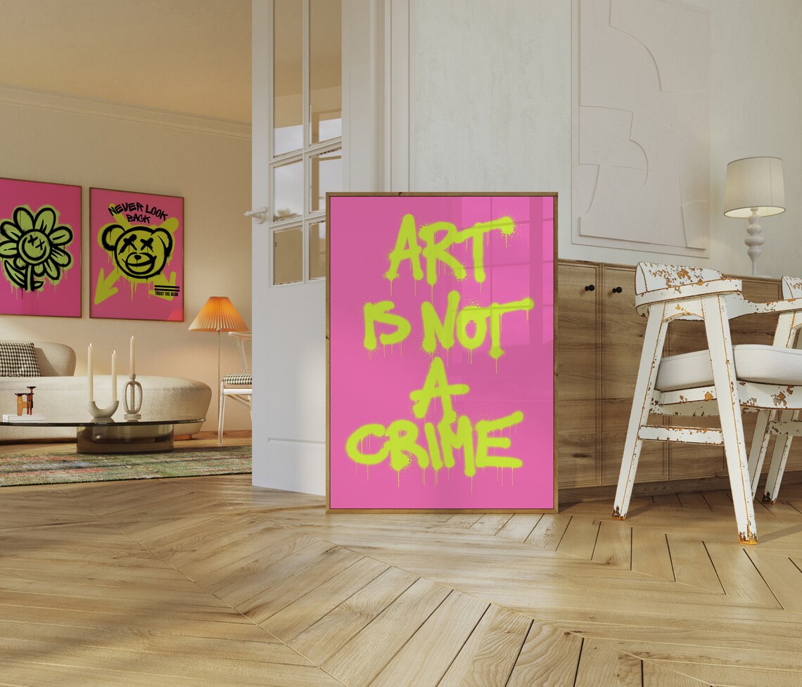 ART IS NOT A CRIME Neon Green Graffiti On Pink Street Art Poster - Image 2