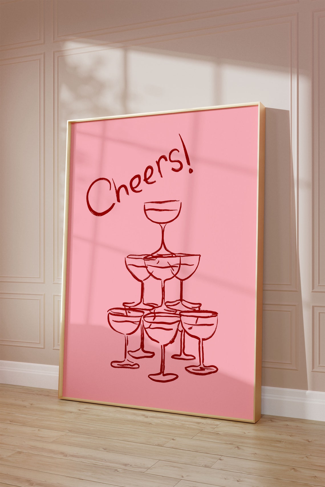 Cheers Coupe Champagne Glass Tower Pink Retro Bar Cart Wall Art - Image 2