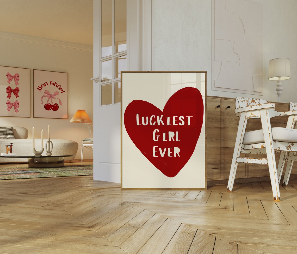 Luckiest Girl Ever Big Red Heart Bold Typographic Art Poster - Image 3