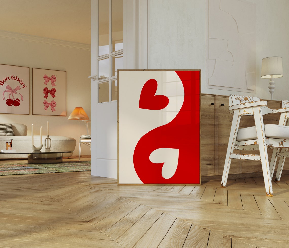 Red And White Heart Yin Yang Symbol Minimalist Modern Art Poster - Image 2