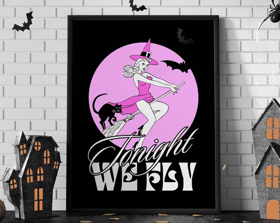 Cute Tonight We Fly Retro Witch Broom Pink Moon Halloween Poster