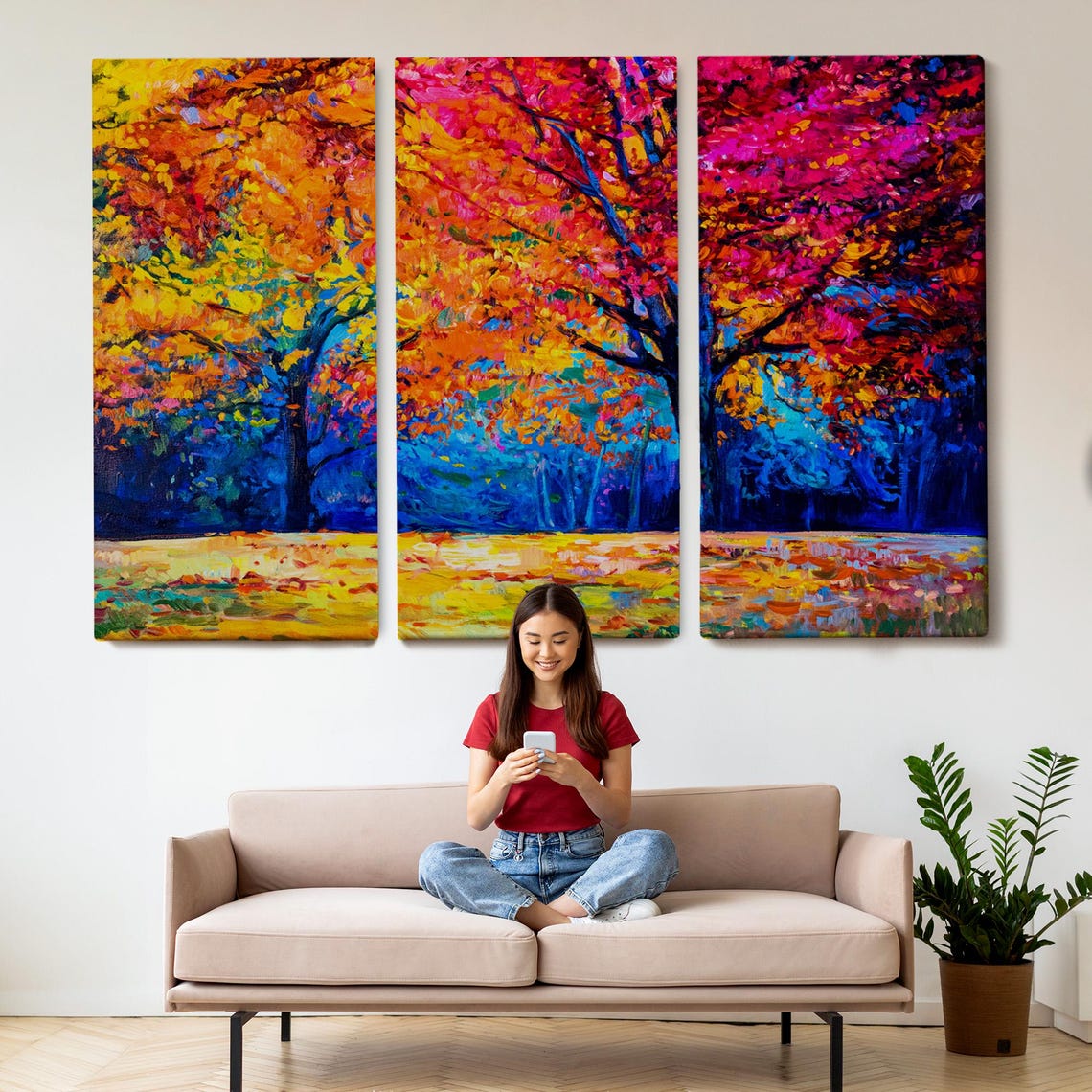 Vibrant Autumn Trees Pink Orange Foliage Impressionist Forest Poster - Image 2