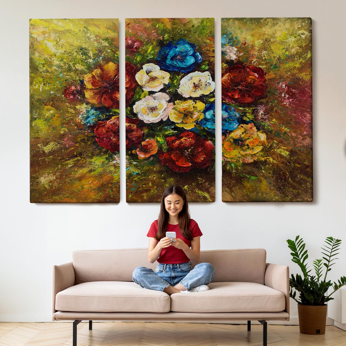 Colorful Flower Bouquet Oil Painting Red Blue Blooms Floral Art Poster - Image 2